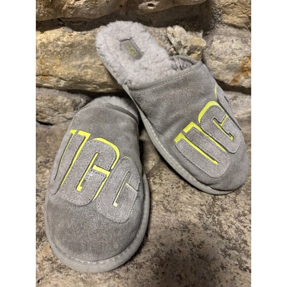 UGG Other - UGG Scuff Graphic Shadow Pumice Gray Suede Shearling Lined Slippers Mules M’s 9